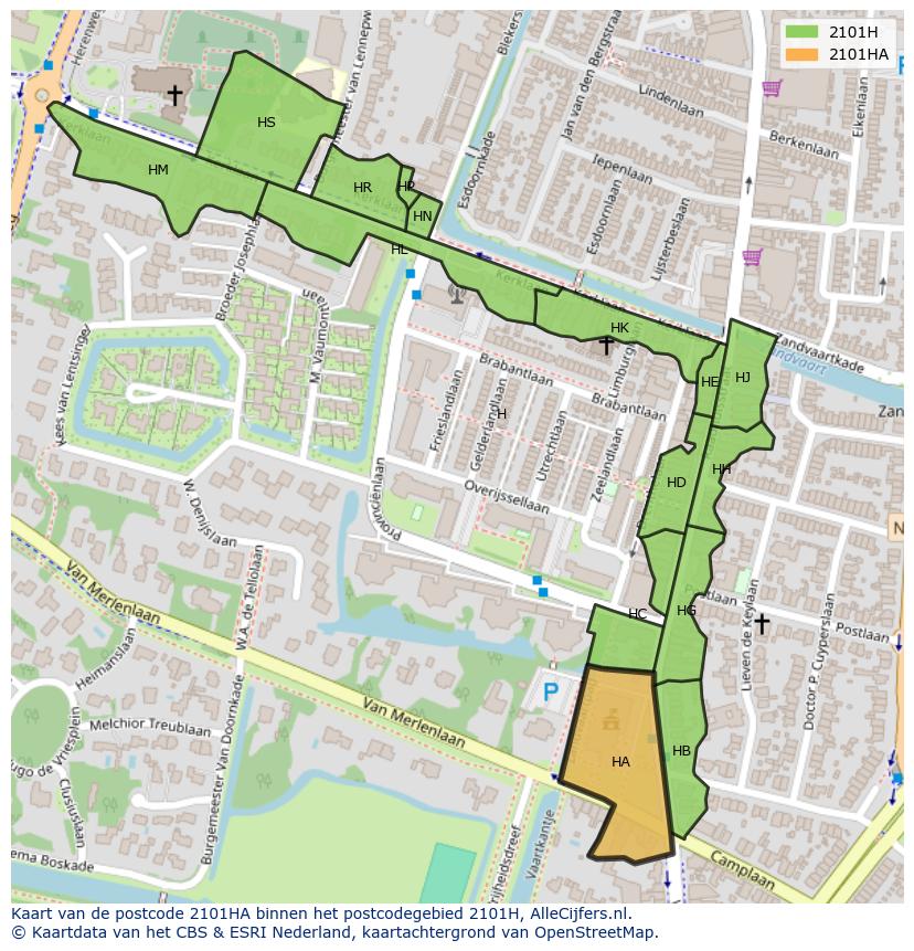 Afbeelding van het postcodegebied 2101 HA op de kaart.