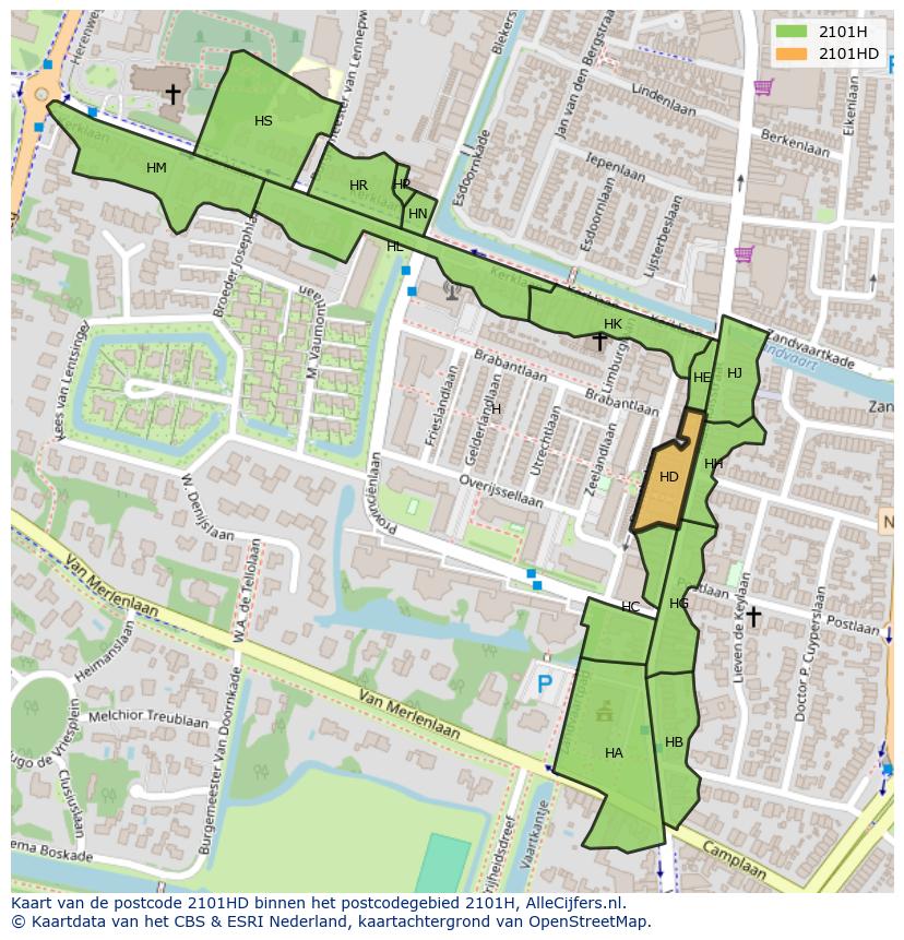 Afbeelding van het postcodegebied 2101 HD op de kaart.