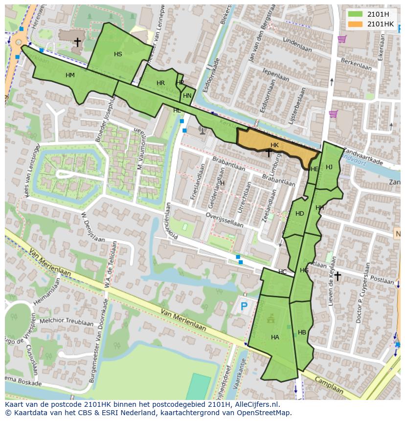 Afbeelding van het postcodegebied 2101 HK op de kaart.