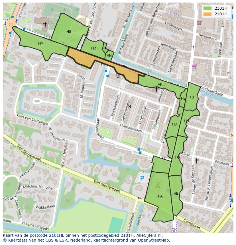 Afbeelding van het postcodegebied 2101 HL op de kaart.