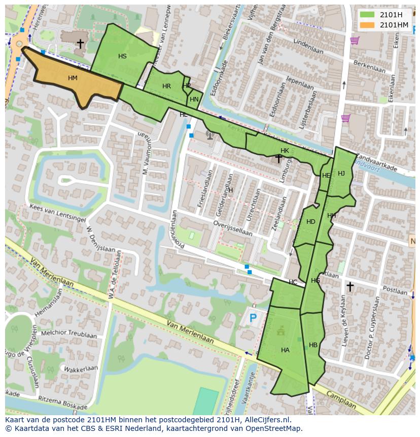 Afbeelding van het postcodegebied 2101 HM op de kaart.
