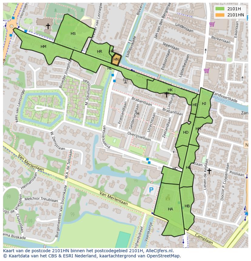 Afbeelding van het postcodegebied 2101 HN op de kaart.