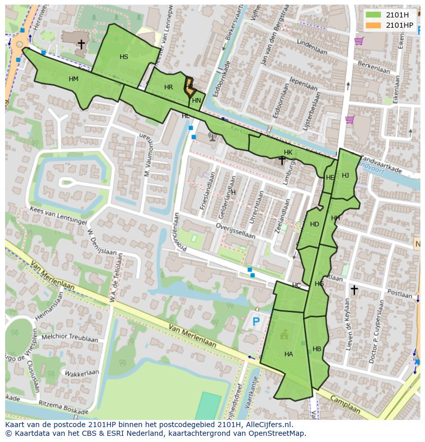 Afbeelding van het postcodegebied 2101 HP op de kaart.