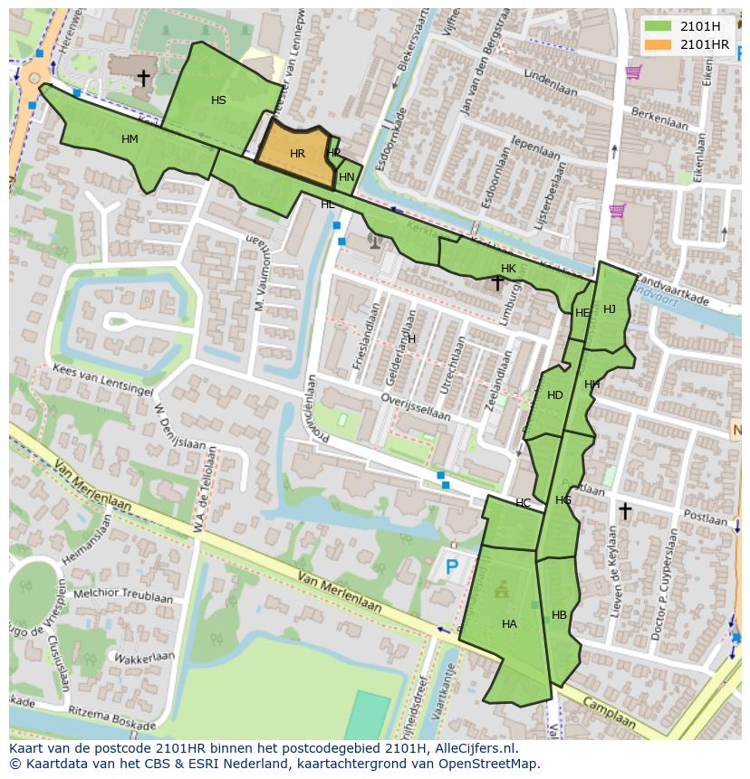 Afbeelding van het postcodegebied 2101 HR op de kaart.