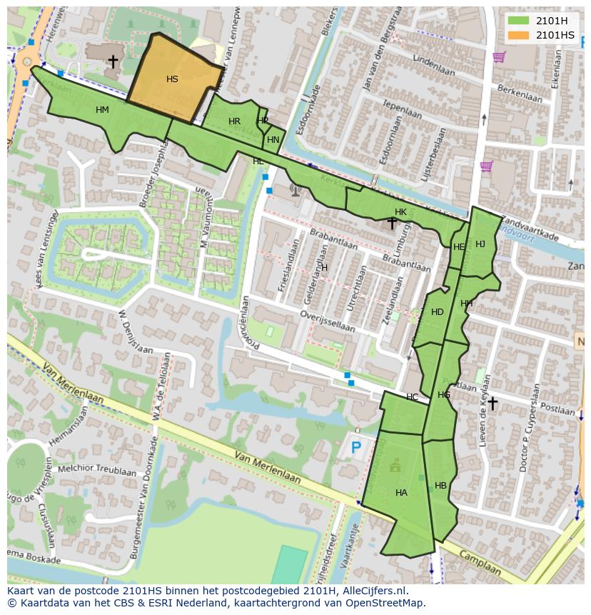 Afbeelding van het postcodegebied 2101 HS op de kaart.