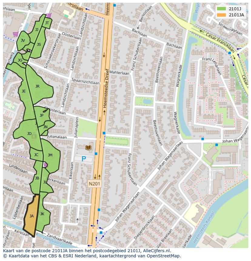 Afbeelding van het postcodegebied 2101 JA op de kaart.