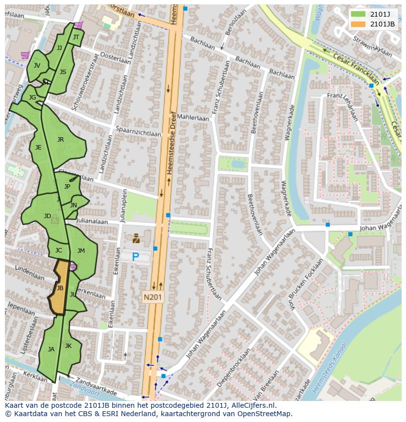 Afbeelding van het postcodegebied 2101 JB op de kaart.