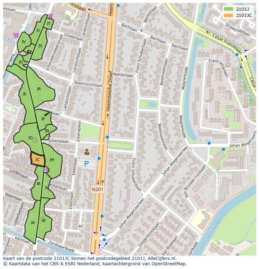 Afbeelding van het postcodegebied 2101 JC op de kaart.