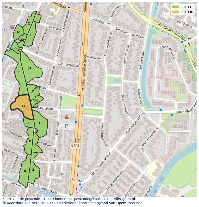 Afbeelding van het postcodegebied 2101 JD op de kaart.