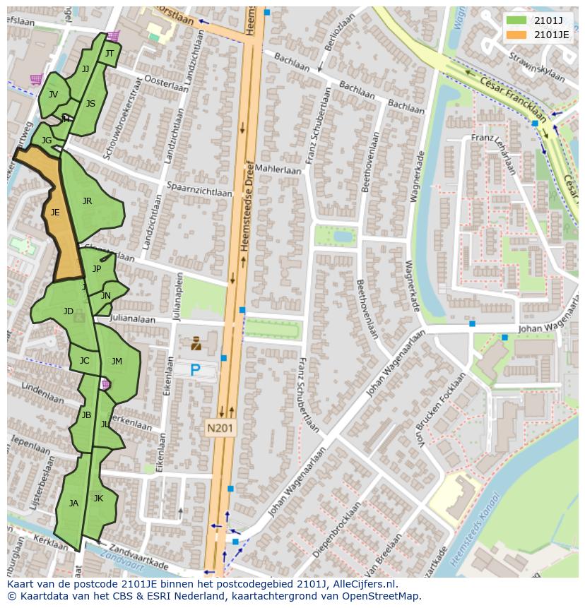 Afbeelding van het postcodegebied 2101 JE op de kaart.