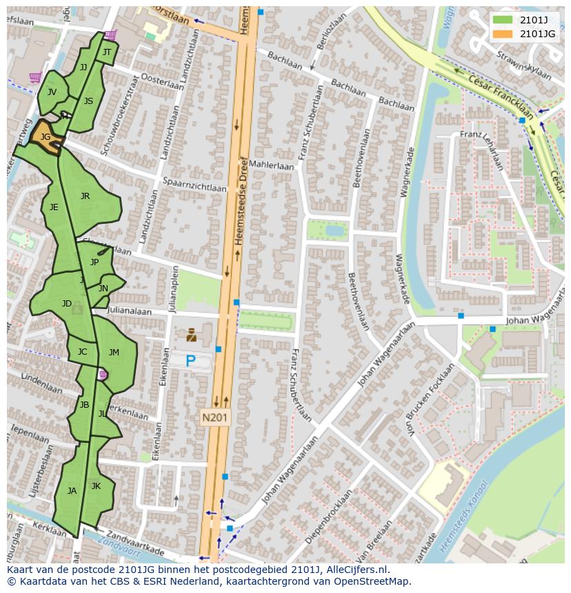 Afbeelding van het postcodegebied 2101 JG op de kaart.