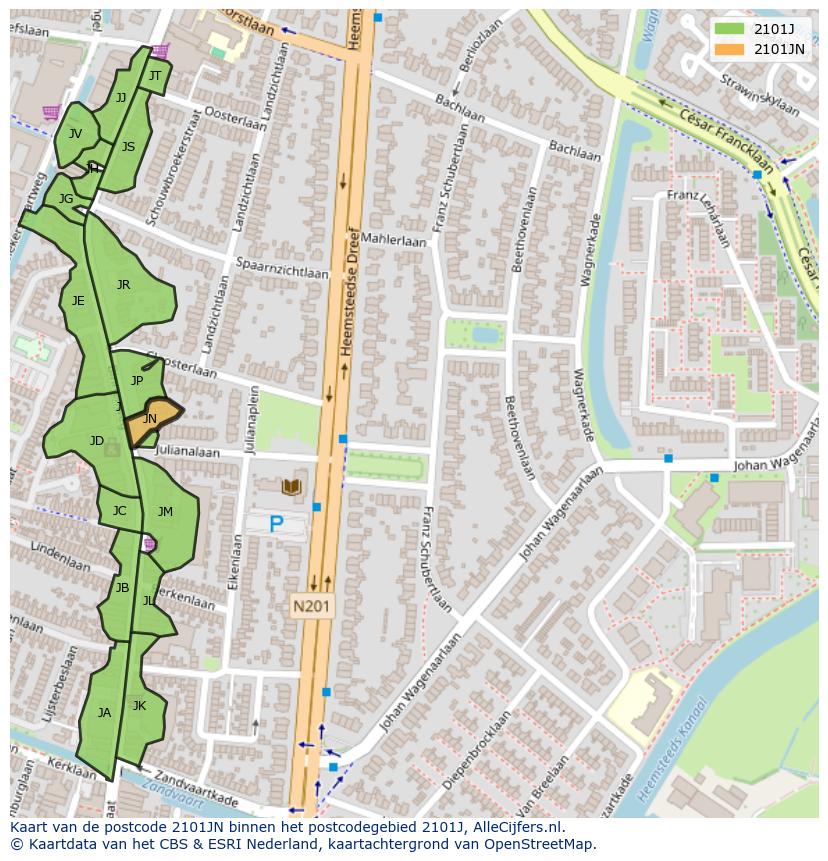 Afbeelding van het postcodegebied 2101 JN op de kaart.