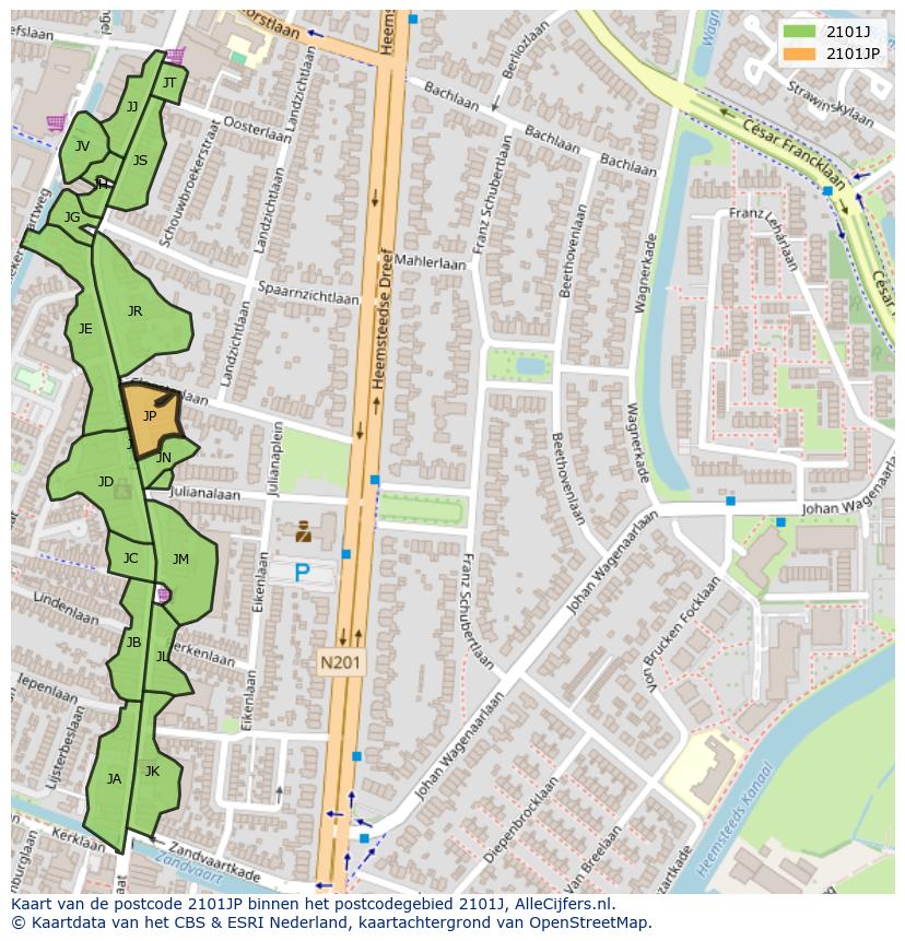 Afbeelding van het postcodegebied 2101 JP op de kaart.