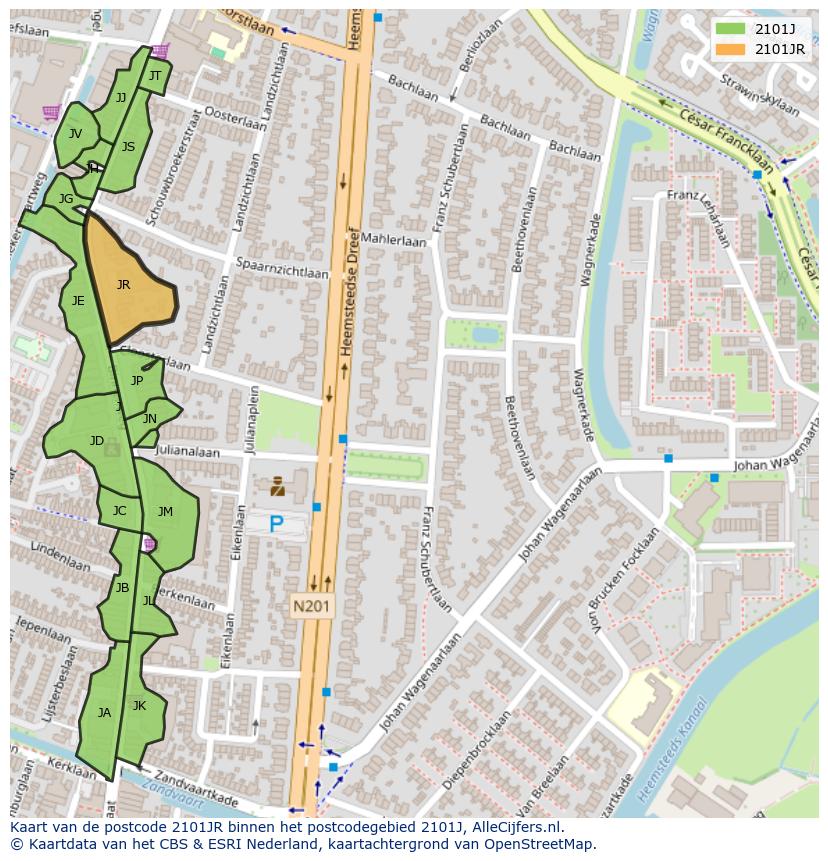 Afbeelding van het postcodegebied 2101 JR op de kaart.