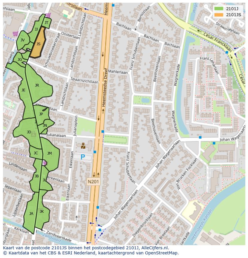 Afbeelding van het postcodegebied 2101 JS op de kaart.