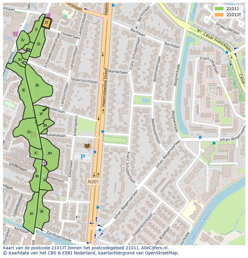 Afbeelding van het postcodegebied 2101 JT op de kaart.