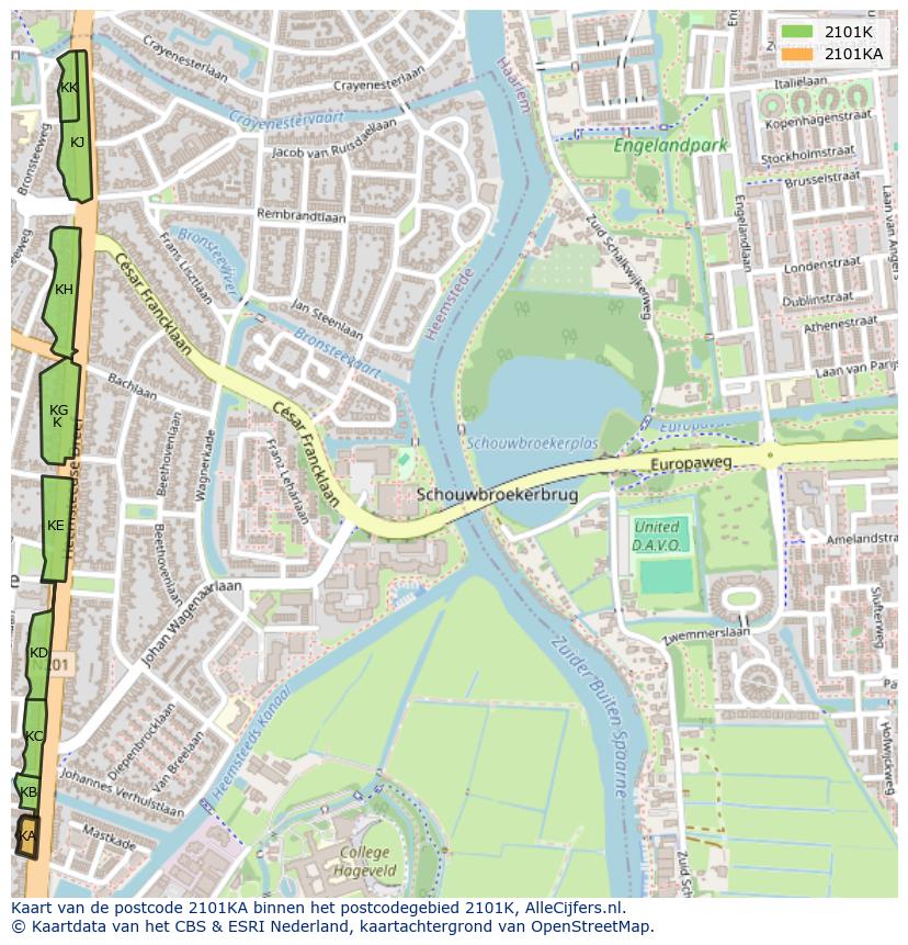 Afbeelding van het postcodegebied 2101 KA op de kaart.