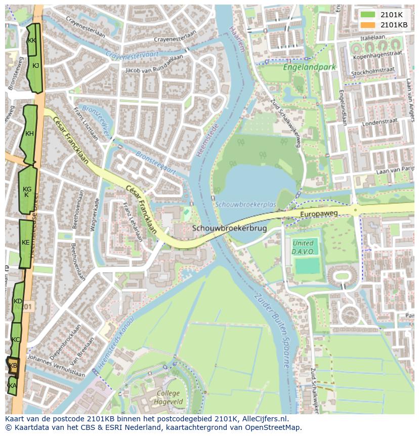 Afbeelding van het postcodegebied 2101 KB op de kaart.