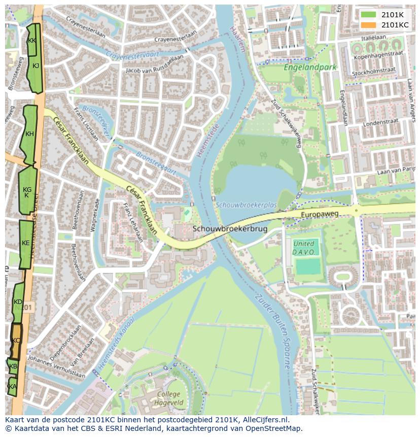 Afbeelding van het postcodegebied 2101 KC op de kaart.