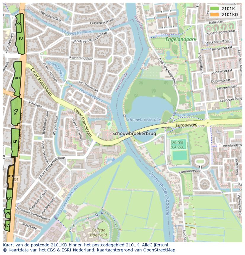 Afbeelding van het postcodegebied 2101 KD op de kaart.