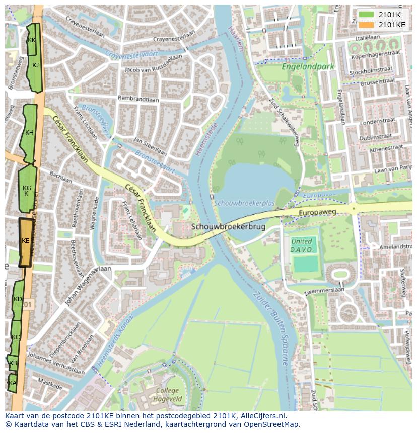 Afbeelding van het postcodegebied 2101 KE op de kaart.