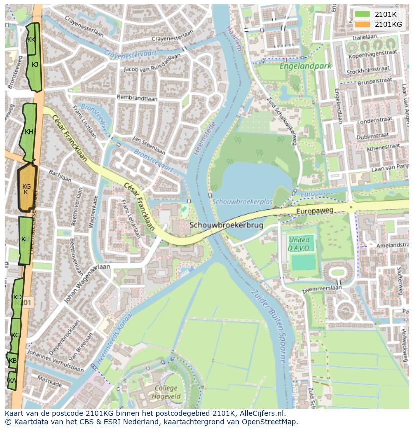 Afbeelding van het postcodegebied 2101 KG op de kaart.