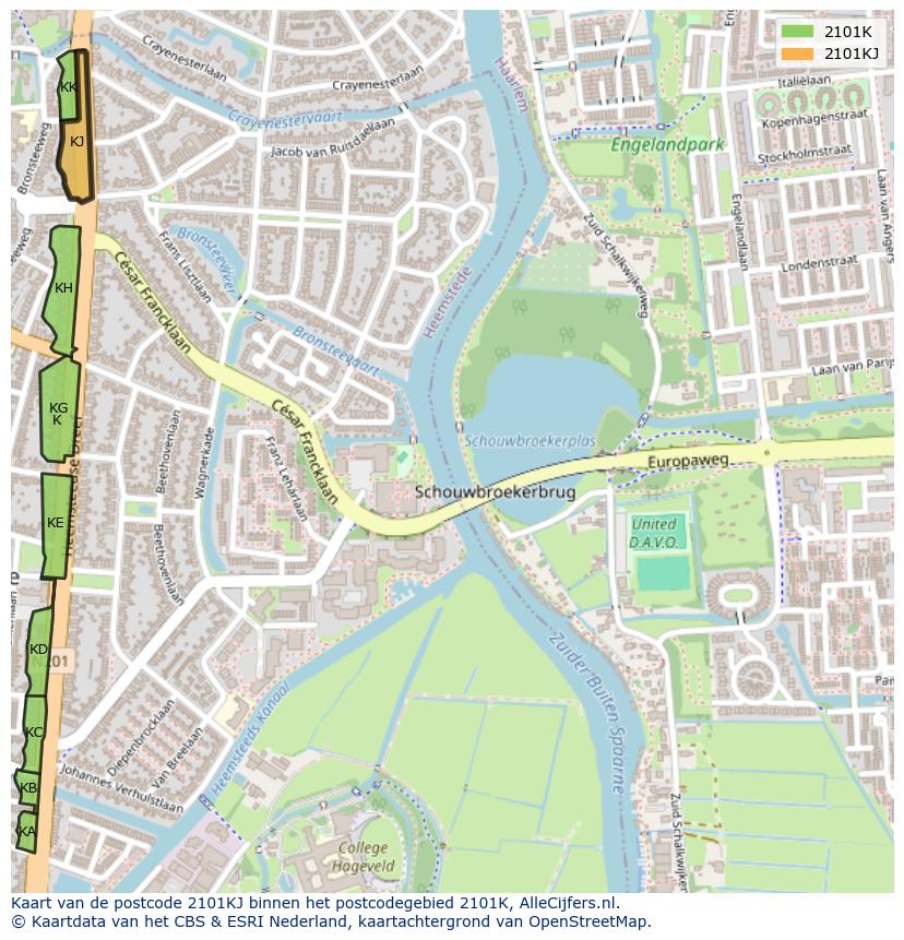 Afbeelding van het postcodegebied 2101 KJ op de kaart.