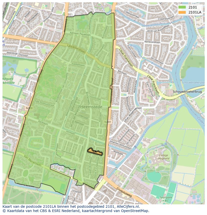 Afbeelding van het postcodegebied 2101 LA op de kaart.