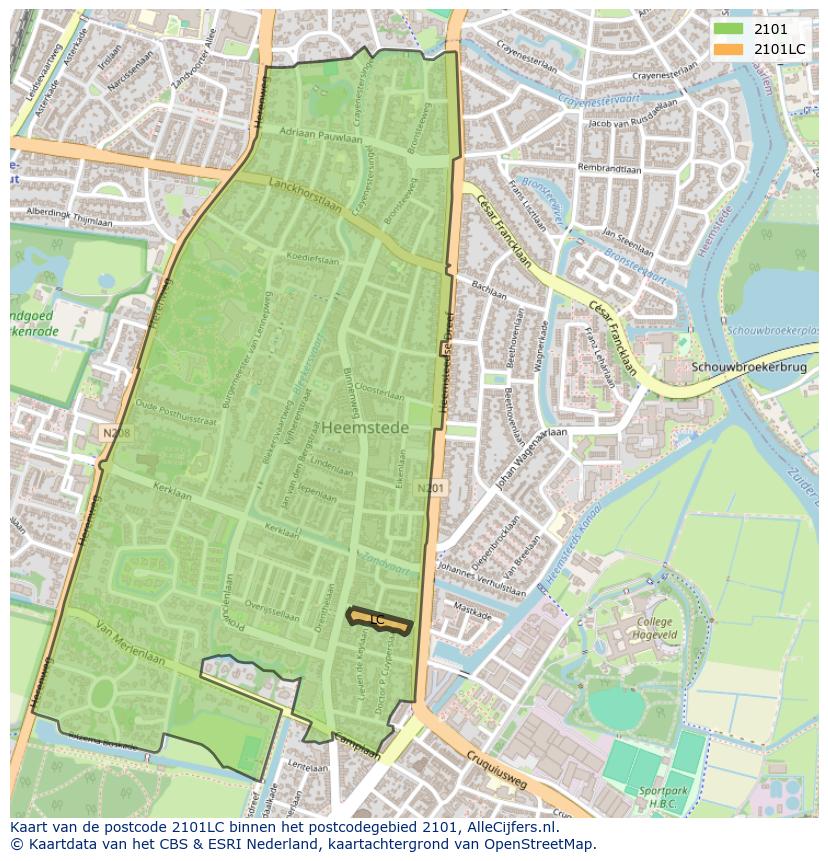 Afbeelding van het postcodegebied 2101 LC op de kaart.