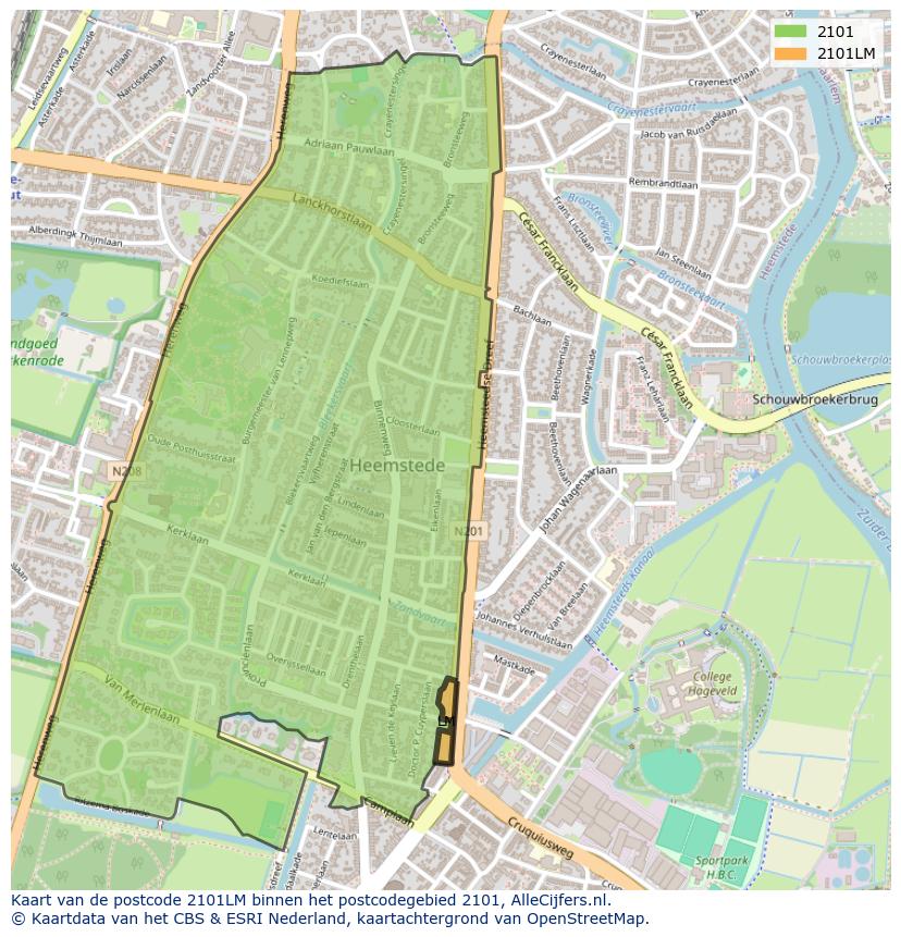 Afbeelding van het postcodegebied 2101 LM op de kaart.