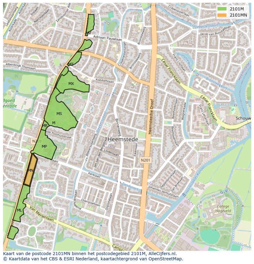 Afbeelding van het postcodegebied 2101 MN op de kaart.