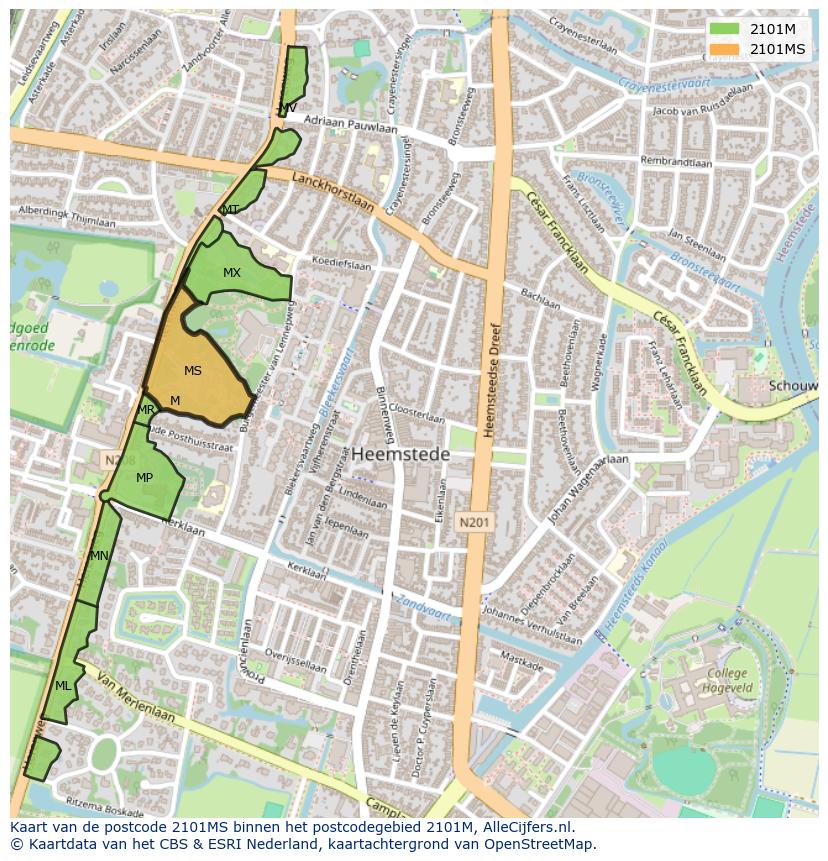 Afbeelding van het postcodegebied 2101 MS op de kaart.