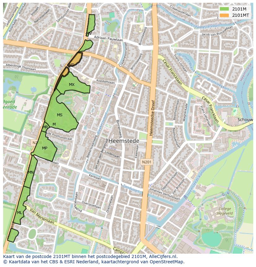 Afbeelding van het postcodegebied 2101 MT op de kaart.
