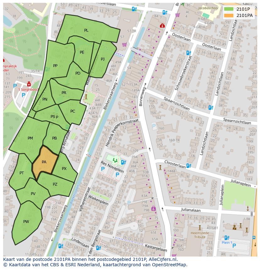 Afbeelding van het postcodegebied 2101 PA op de kaart.