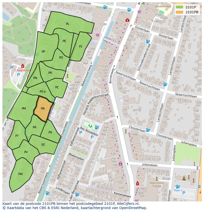 Afbeelding van het postcodegebied 2101 PB op de kaart.