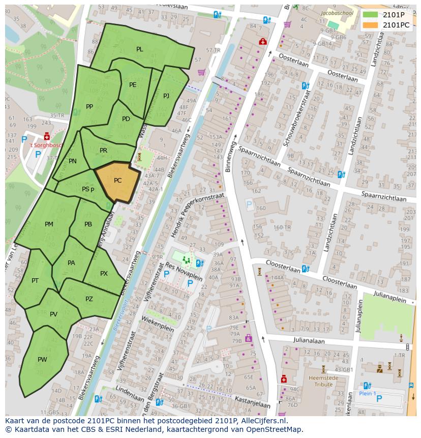 Afbeelding van het postcodegebied 2101 PC op de kaart.