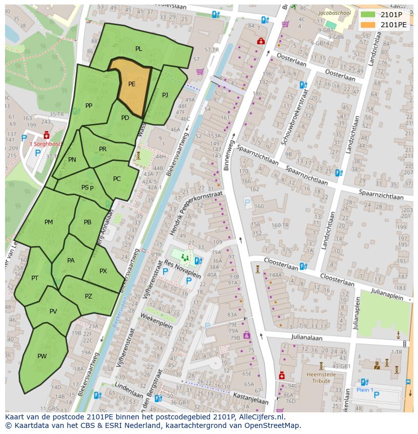 Afbeelding van het postcodegebied 2101 PE op de kaart.