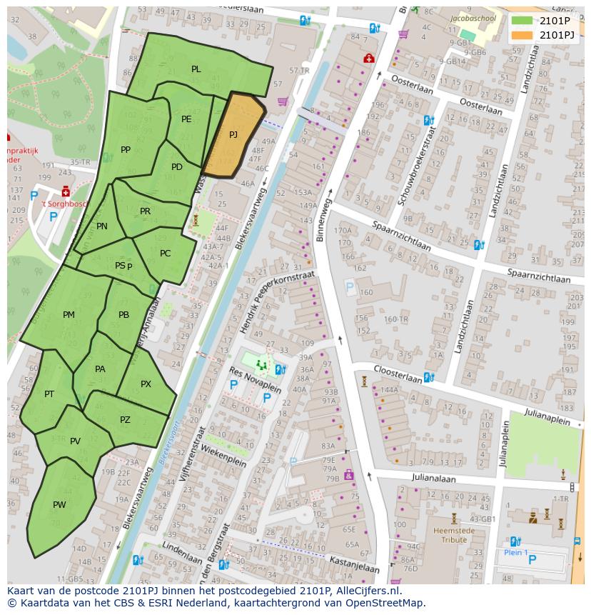 Afbeelding van het postcodegebied 2101 PJ op de kaart.