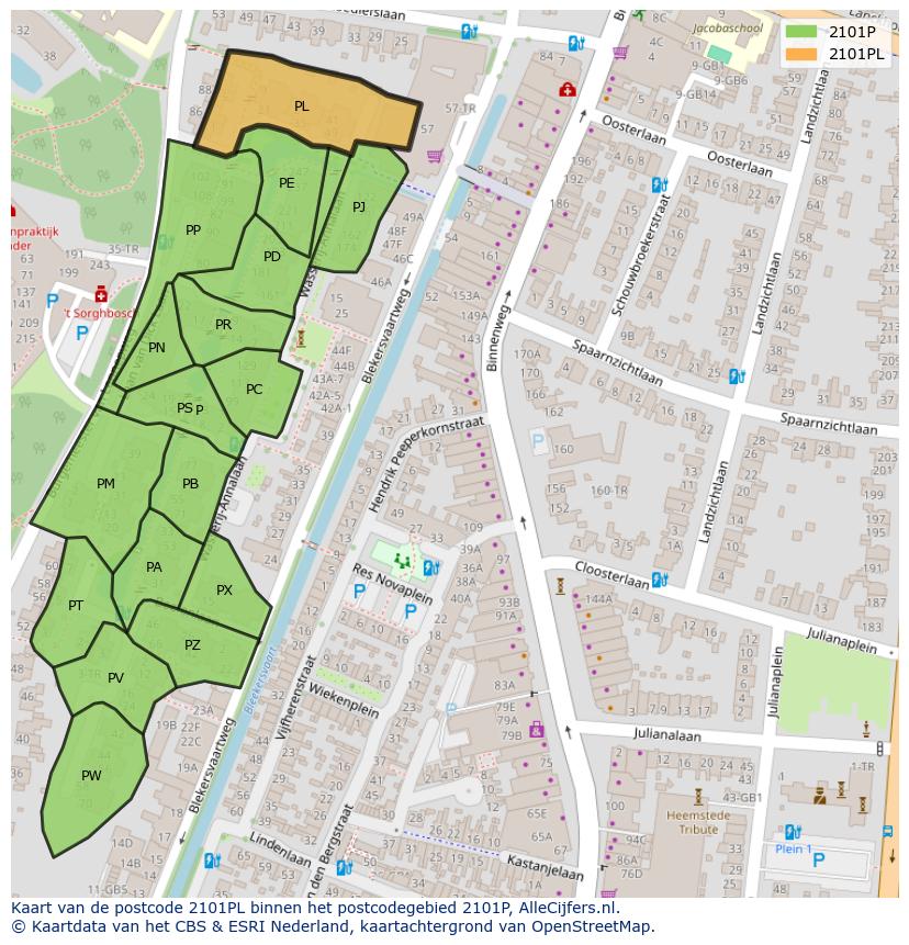 Afbeelding van het postcodegebied 2101 PL op de kaart.