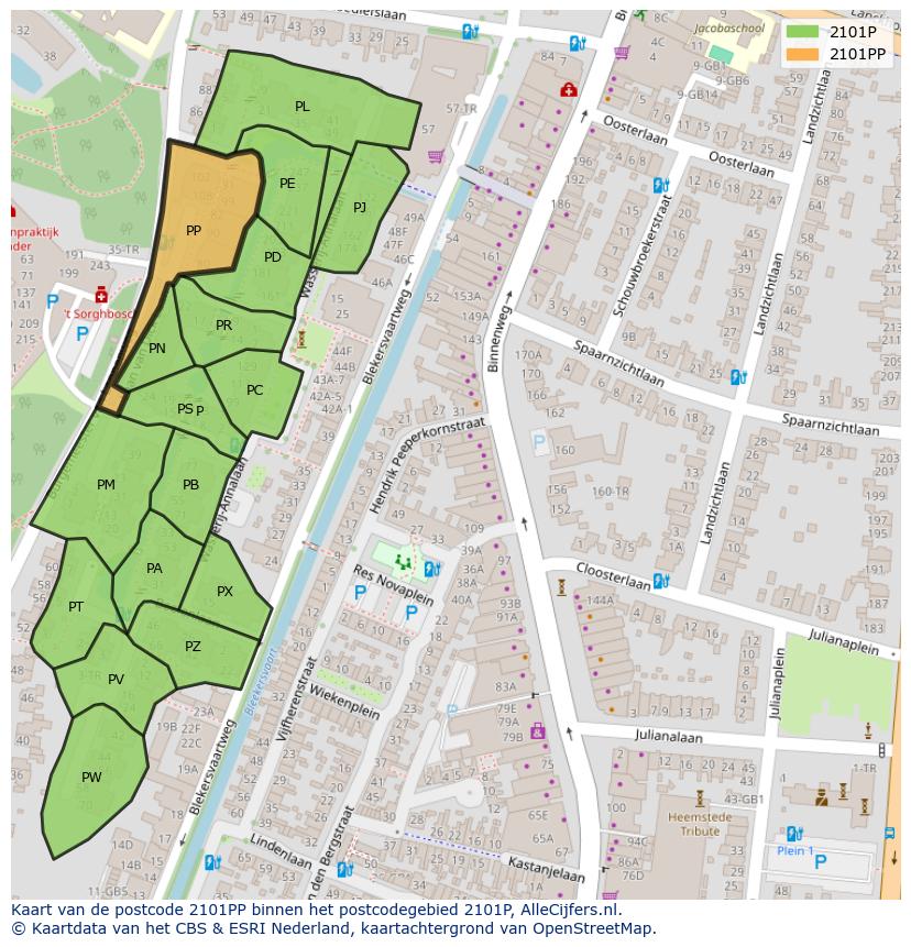 Afbeelding van het postcodegebied 2101 PP op de kaart.