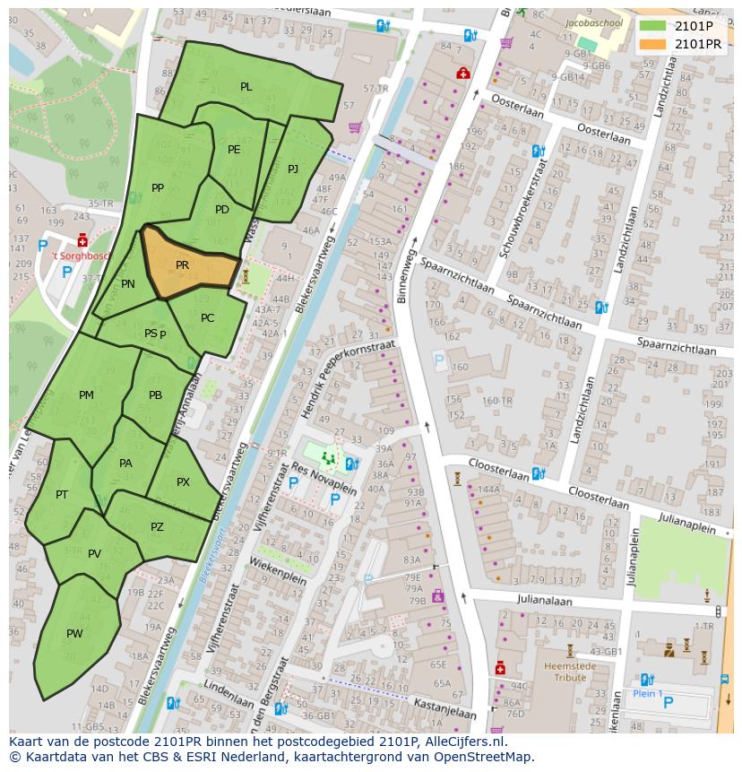 Afbeelding van het postcodegebied 2101 PR op de kaart.