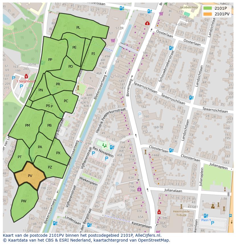Afbeelding van het postcodegebied 2101 PV op de kaart.