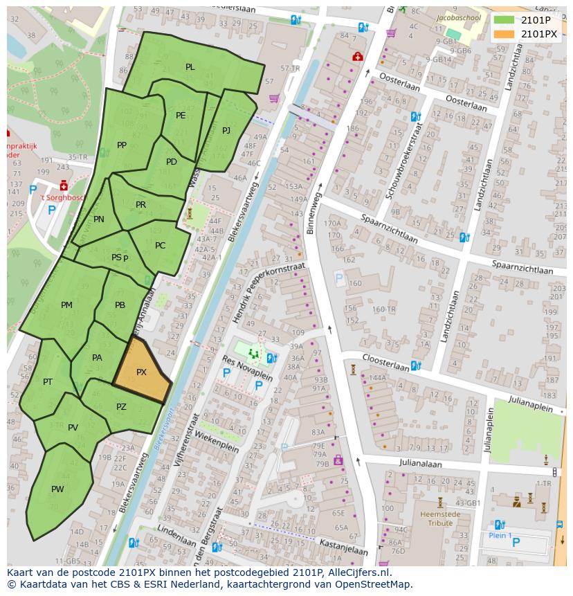 Afbeelding van het postcodegebied 2101 PX op de kaart.