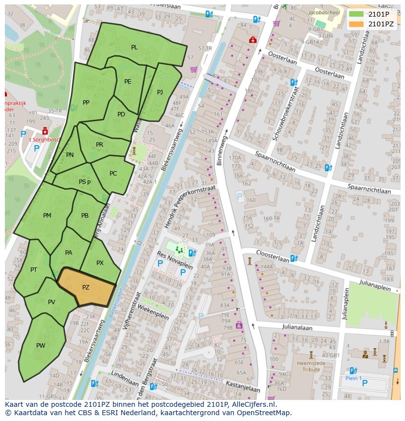 Afbeelding van het postcodegebied 2101 PZ op de kaart.