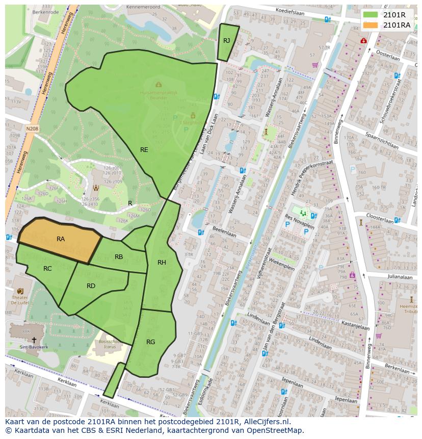 Afbeelding van het postcodegebied 2101 RA op de kaart.