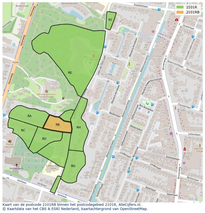 Afbeelding van het postcodegebied 2101 RB op de kaart.