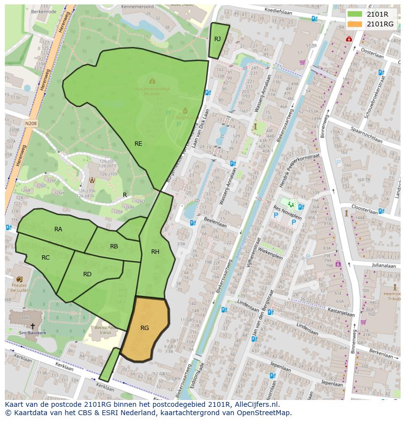 Afbeelding van het postcodegebied 2101 RG op de kaart.