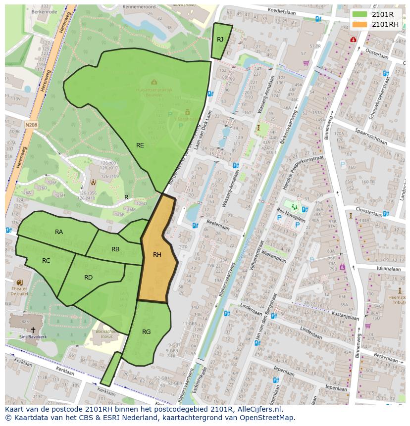 Afbeelding van het postcodegebied 2101 RH op de kaart.