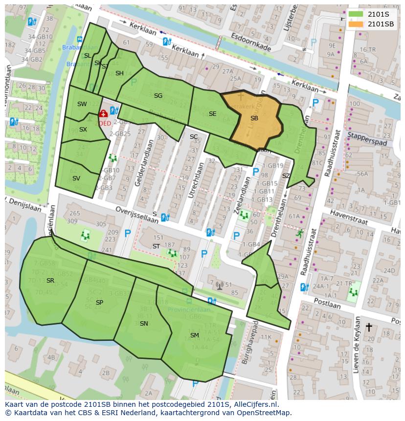 Afbeelding van het postcodegebied 2101 SB op de kaart.