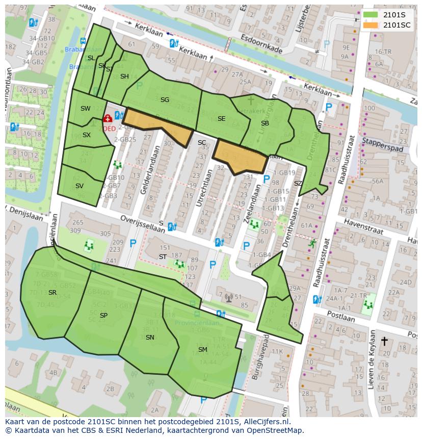 Afbeelding van het postcodegebied 2101 SC op de kaart.